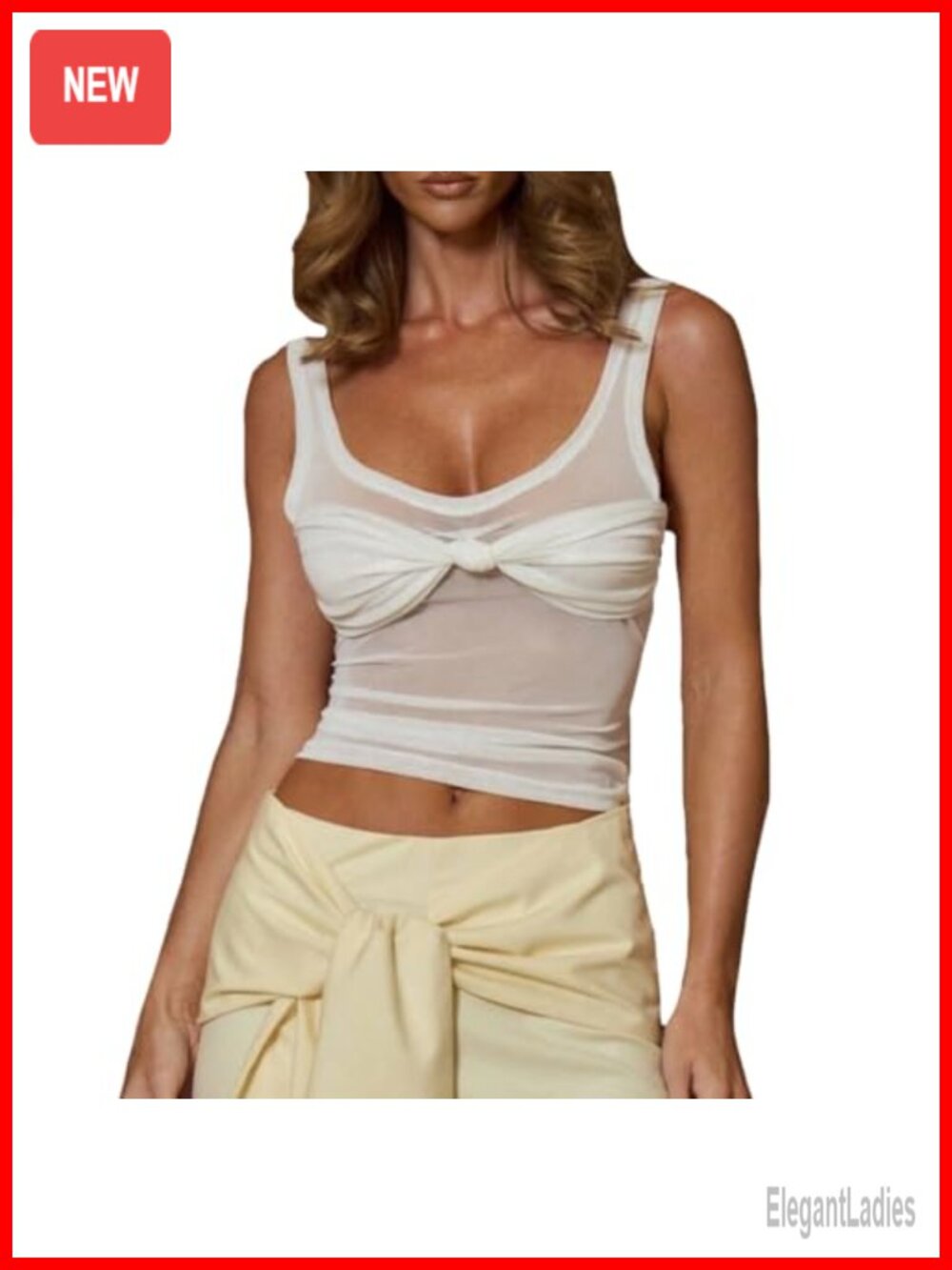 Women's Twist Knot Front Sheer Mesh Crop Tank Top Slim Fit Sleeveless Y2K